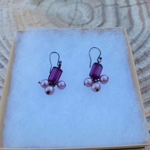Purple bead earrings with light pink trio drop,  3/4"